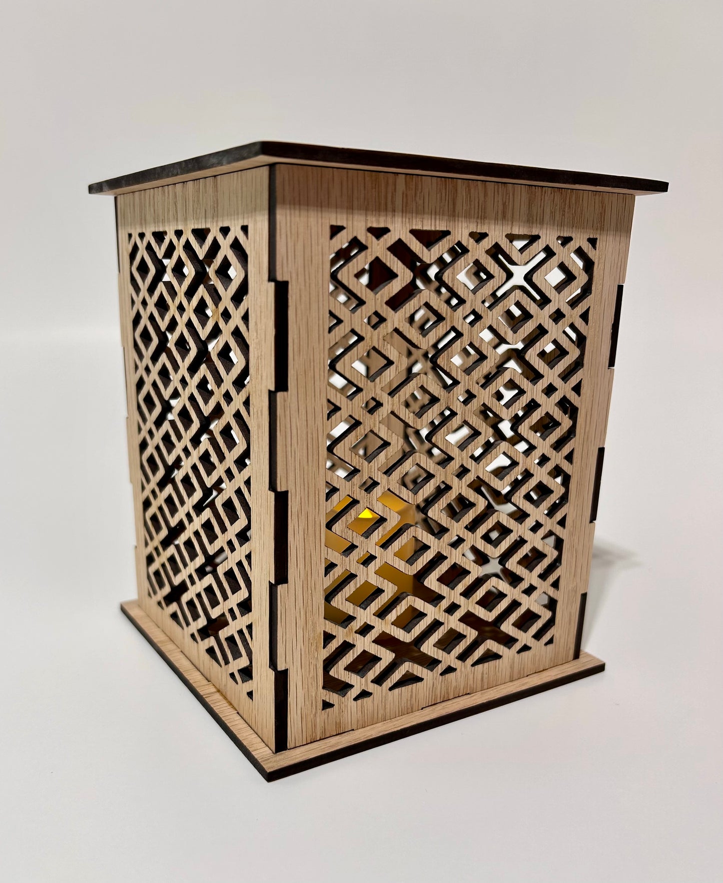 Laser Cut Lantern with Flickering LED Tea Light Candle - Geometric Diamond Design