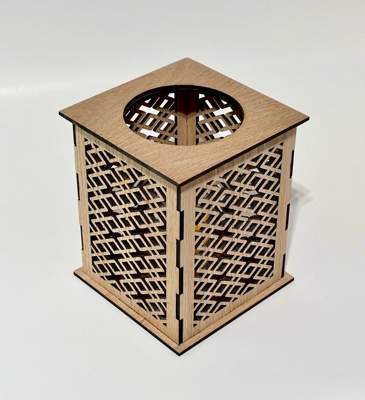 Laser Cut Lantern with Flickering LED Tea Light Candle - Geometric Diamond Design