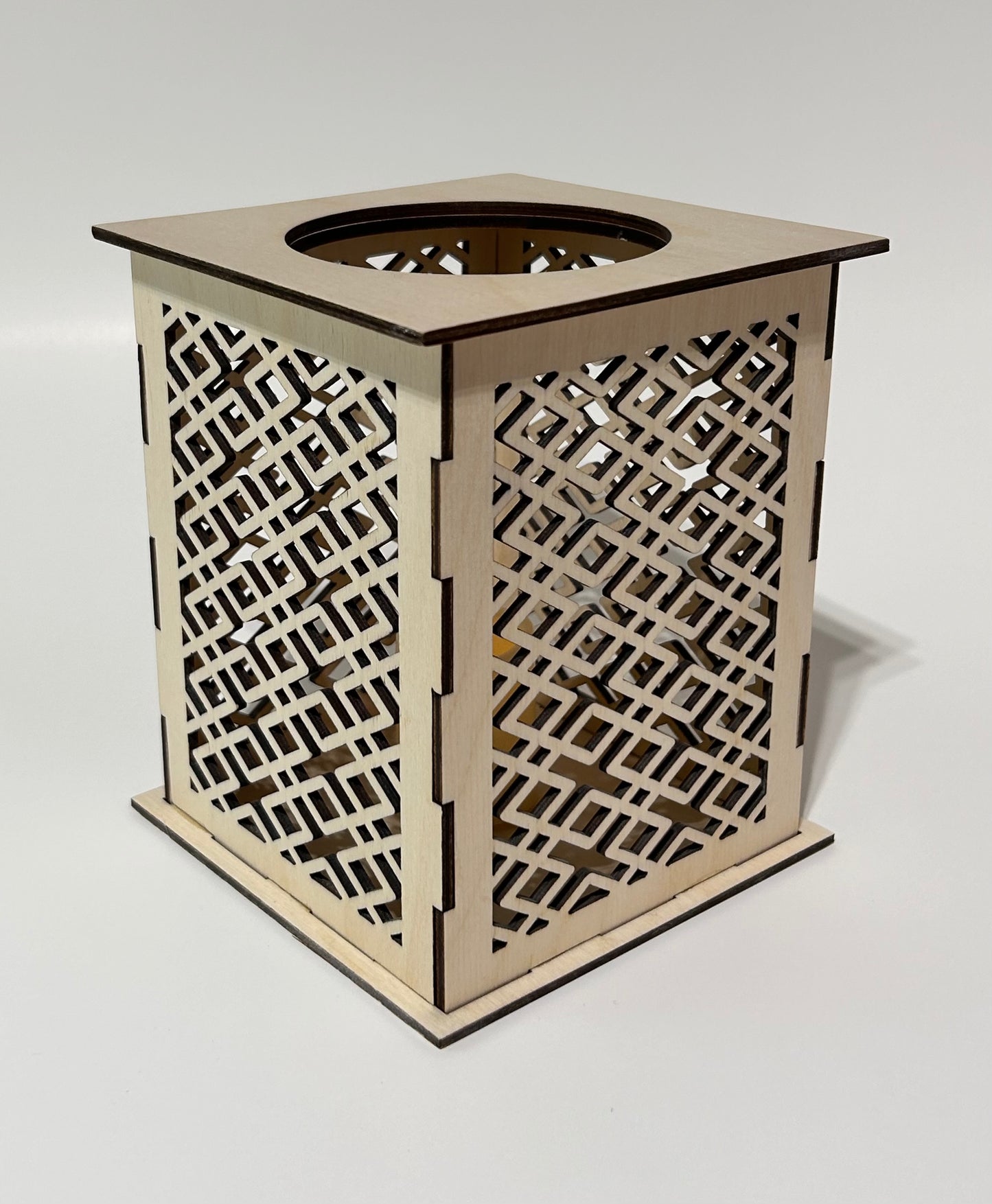 Laser Cut Lantern with Flickering LED Tea Light Candle - Geometric Diamond Design