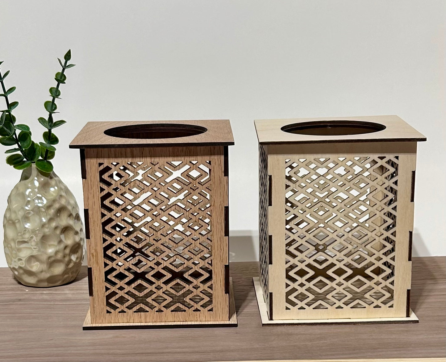 Laser Cut Lantern with Flickering LED Tea Light Candle - Geometric Diamond Design