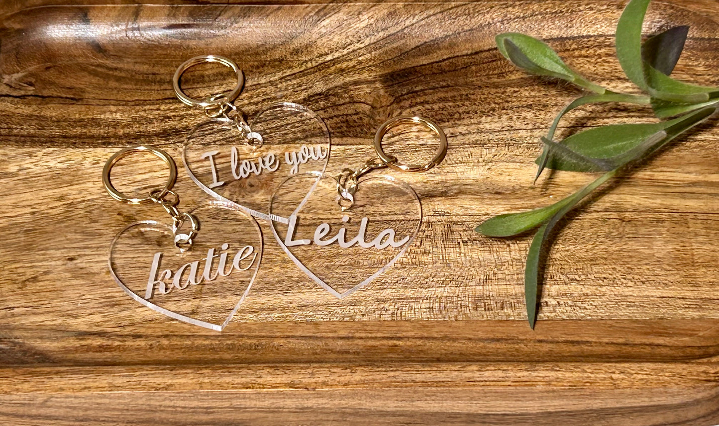 Personalized Key Chain Engraved on Clear Acrylic | Heart Shaped Keychain