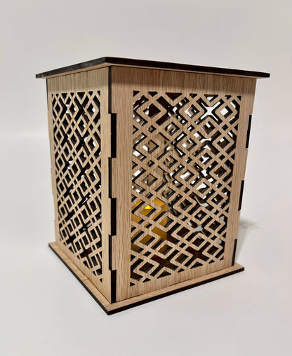 Laser Cut Lantern with Flickering LED Tea Light Candle - Geometric Diamond Design