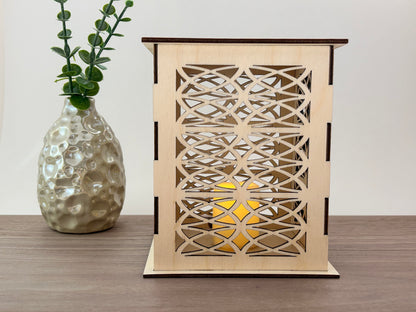 Laser Cut Lantern with Flickering LED Tea Light Candle - Geometric Loop Design