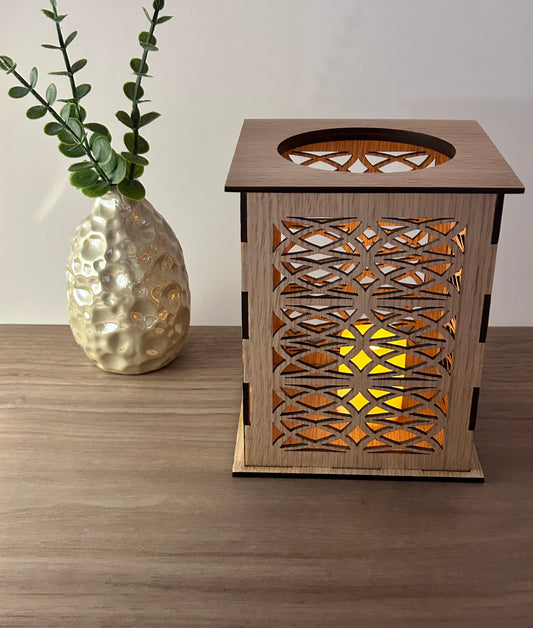 Laser Cut Lantern with Flickering LED Tea Light Candle - Geometric Loop Design