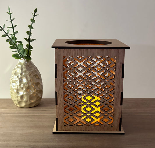 Laser Cut Lantern with Flickering LED Tea Light Candle - Geometric Diamond Design