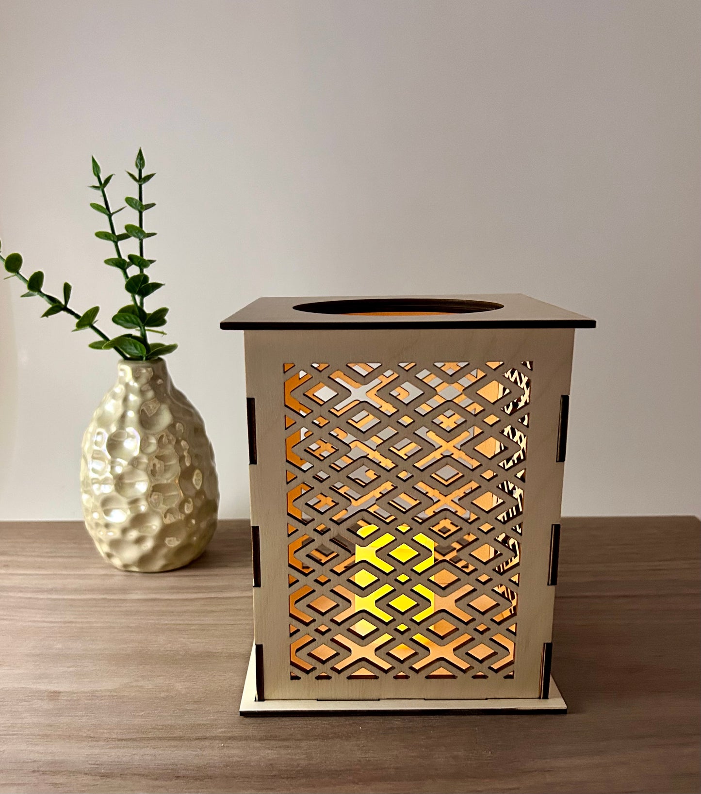 Laser Cut Lantern with Flickering LED Tea Light Candle - Geometric Diamond Design
