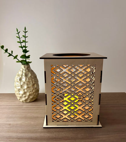 Laser Cut Lantern with Flickering LED Tea Light Candle - Geometric Diamond Design