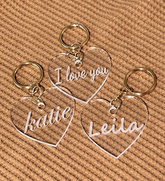 Personalized Key Chain Engraved on Clear Acrylic | Heart Shaped Keychain