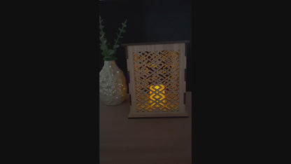 Laser Cut Lantern with Flickering LED Tea Light Candle - Geometric Diamond Design